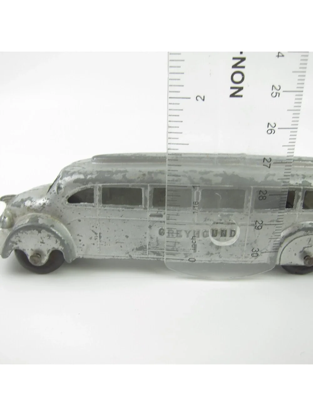 Vintage 1930s Tootsie Toy Die Cast Greyhound Bus Rubber Tires Silver Art Deco